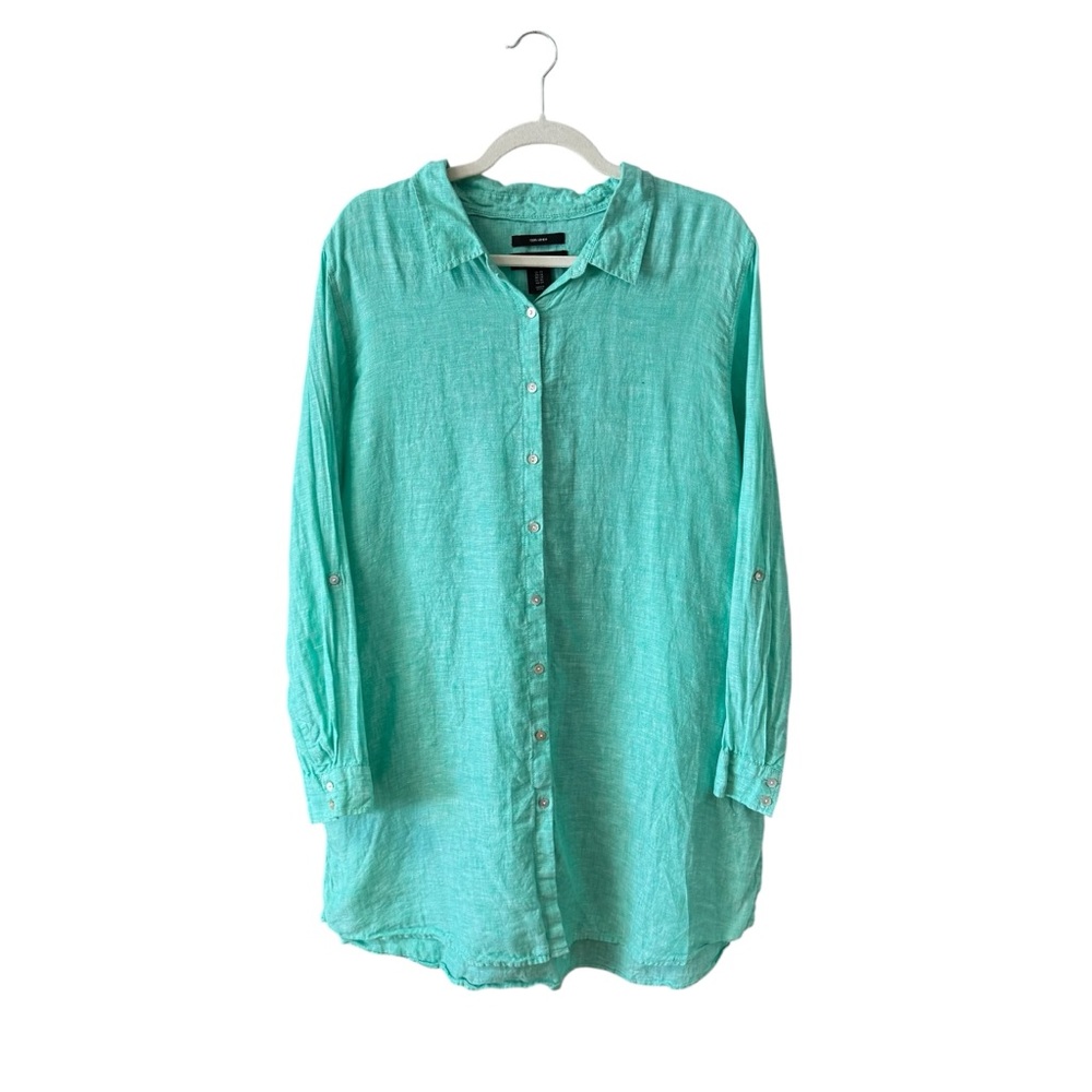 Tahari 100% Linen Button Up Top‎ Plus Size 1X Green Casual Boxy Baggy Lagenlook